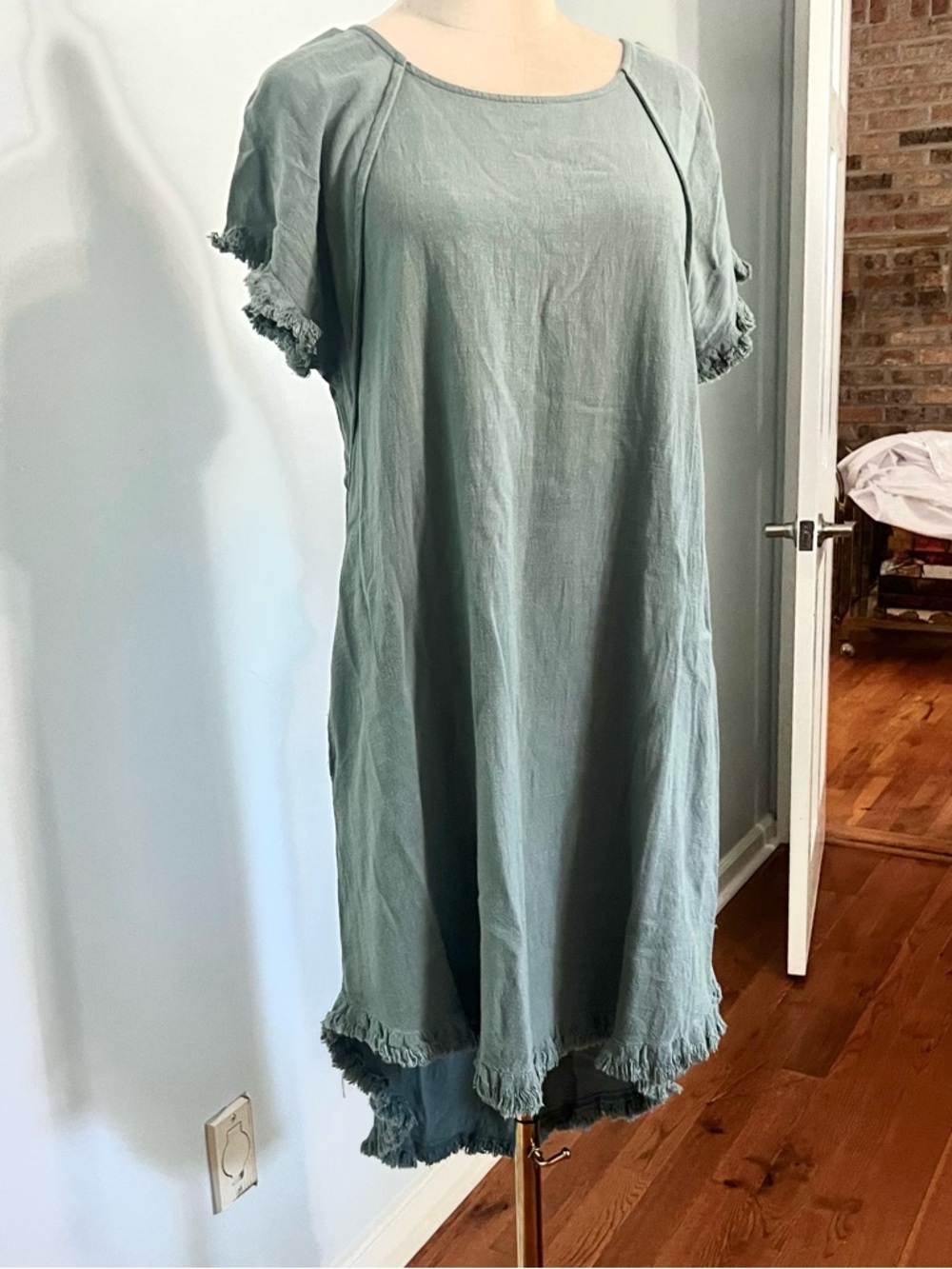 Umgee Linen Blend Boho Tunic Dress Raw Hem Coastal Oversized Sage,Shift Size L - Picture 3 of 9